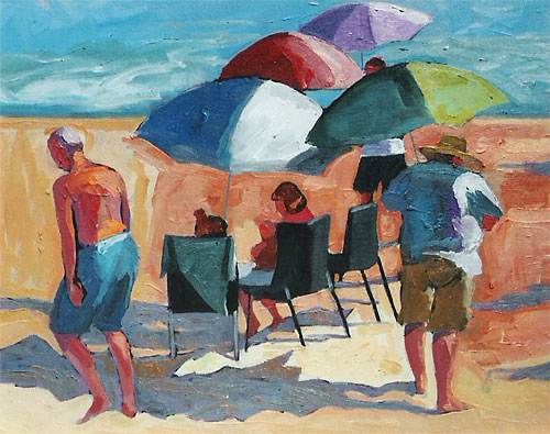 Figures with umbrellas